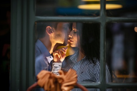 Couple have fun in a European cityの写真素材