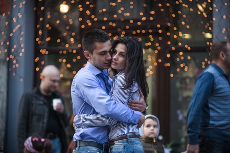 beautiful couple having fun and walking at the big cityの写真素材
