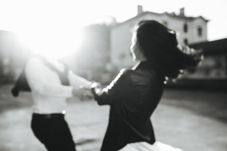 beautiful couple walking and having fun in the cityの写真素材