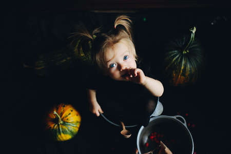 little girl playing in a witch on Halloweenの写真素材