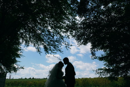 beautiful couple in the woods on a background of forest clearance on the fieldの写真素材