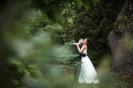 Beautiful wedding couple in each other's arms in the parkの写真素材