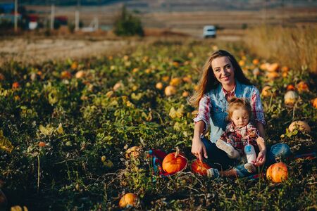 mother and daughter on a field with pumpkins, Halloween eveの写真素材