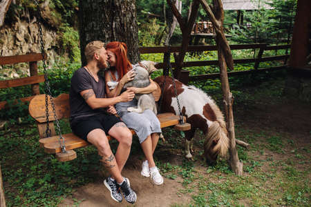 beautiful couple together with a dog resting on a swing. beside ponyの写真素材