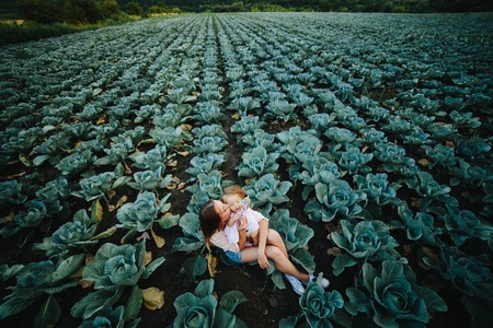 Mom and daughter having fun on the field with cabbageの写真素材