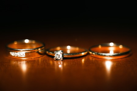 Three nice wedding rings. Love concept background.の写真素材