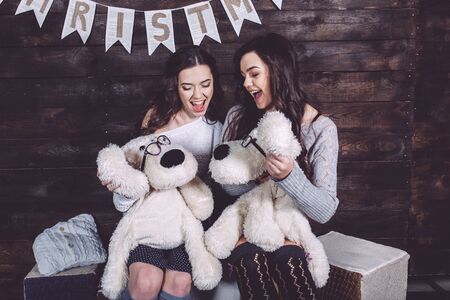 Two charming girls playing with Christmas toysの写真素材
