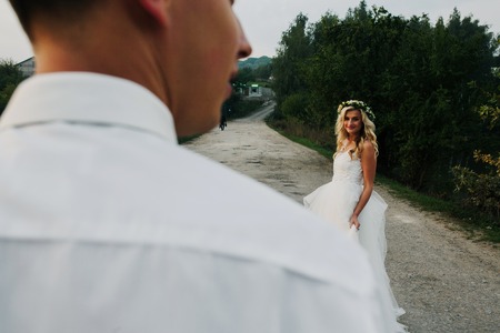 romantic bride and groom on the natureの写真素材