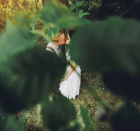 Beautiful wedding couple posing in a forestの写真素材