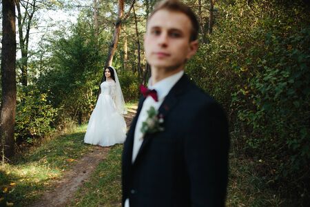 Beautiful wedding couple posing in a forest