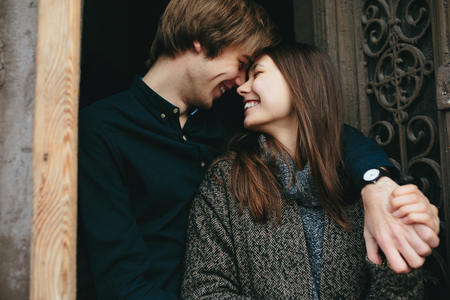 couple posing in the doorwayの写真素材