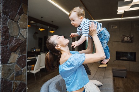 Mom and the little son are having fun