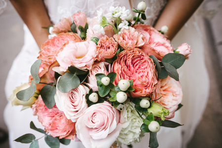 Bride with bouquet, closeupの写真素材