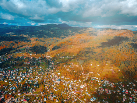 small town in the countryside, aerial photographyの写真素材