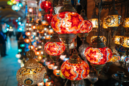 Beautiful turkish mosaic lamps on Istanbul bazaar.の写真素材