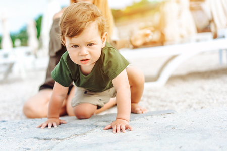 Little boy posing on camera, on vacationの写真素材