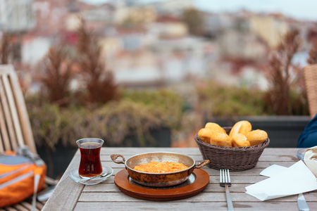 Breakfast on the veranda in the background city viewの写真素材