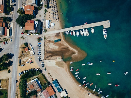Landscape with boats in marina bay. Top view of harbor with sailboat.の写真素材