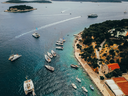 Aerial view photo of picturesque port with sailboats and yachts