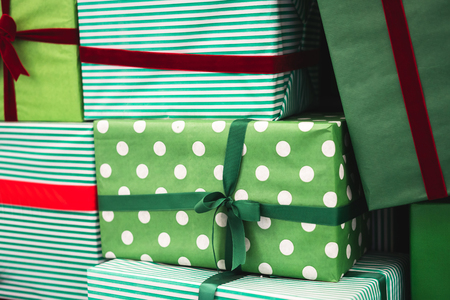 Photographs of many Christmas gifts from close perspectiveの写真素材