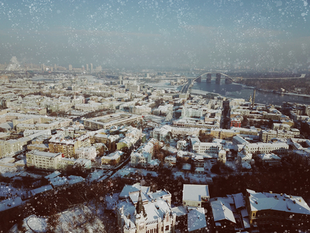 Aerial drone footage. Panorama of podil in kievの写真素材
