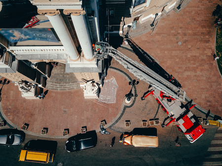 Bird's eye view of the Odessa  Ballet Theater, Side Stands a Fire Truck with a Ladder extended