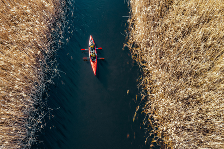 Group of people in kayaks among reeds on the autumn river.の写真素材