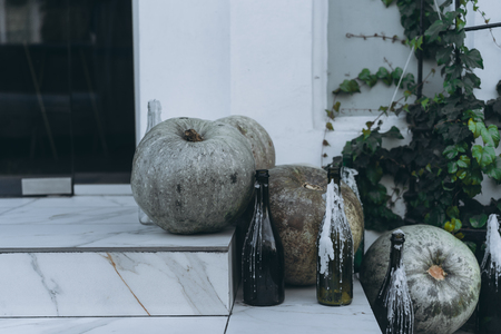 Autumn decoration with pumpkins on a streetの写真素材