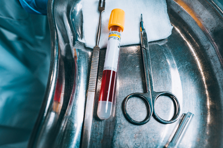 Surgical tray with medical equipment for blood takingの写真素材