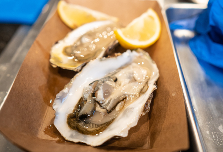 Several mussels on a paper plate, fastfood concept, close angleの写真素材