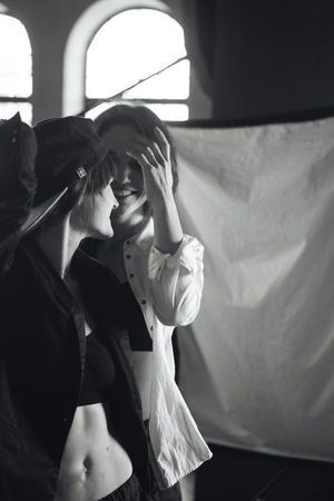 Two hipster girls posing for the cameraの写真素材