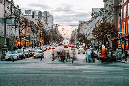 KIEV, UKRAINE - APRIL 14, 2019: Night view of the streets of Kiev. Urban fuss. Bogdan Khmelnitsky...