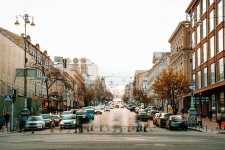 KIEV, UKRAINE - APRIL 14, 2019: Night view of the streets of Kiev. Urban fuss. Bogdan Khmelnitsky Streetのeditorial素材