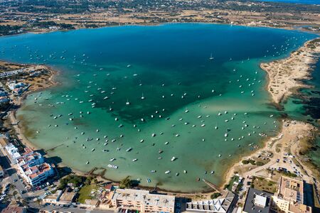 Beautiful turquoise bay at Formentera, aerial view.の写真素材