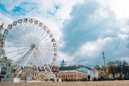 Ferris Wheel at Kontraktova Square in Kiev, Ukraine. August 23, 2019のeditorial素材