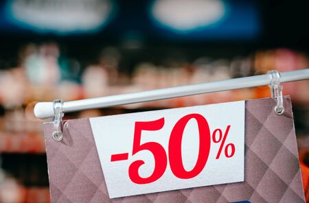 Tag with an inscription 50 percent discount, close viewの写真素材
