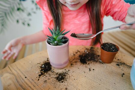 Little girl digs up the ground for rosetting with a spoonの写真素材