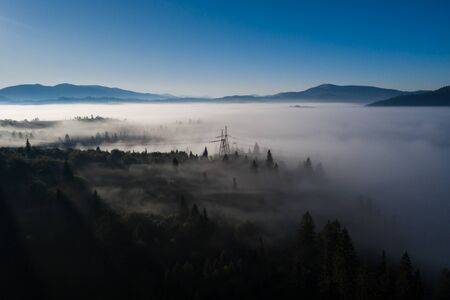 Aerial view of colorful mixed forest shrouded in morning fog