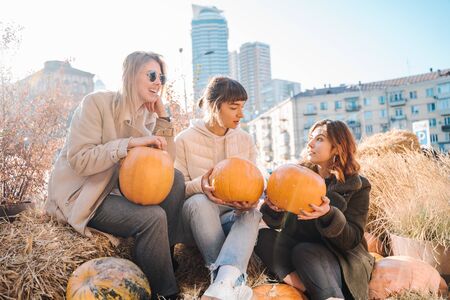 Girls holds pumpkins in hands on the background of the street.の写真素材