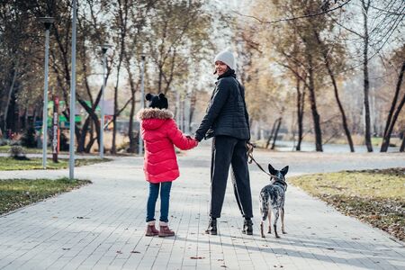 Happy mother and her daughter walk with dog in autumn parkの写真素材