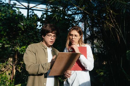 Young agricultural engineers talk in greenhouse