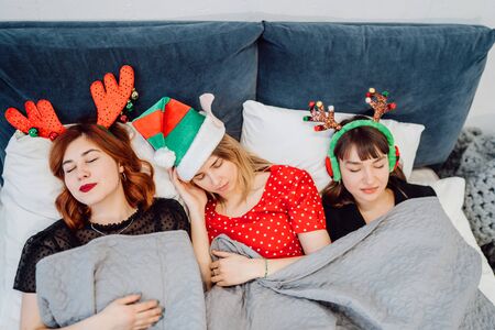 Gorgeous Female Models Sleeping After Pajamas Partyの写真素材