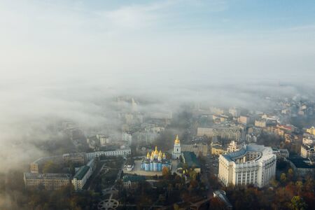 Aerial view of the city in the fog