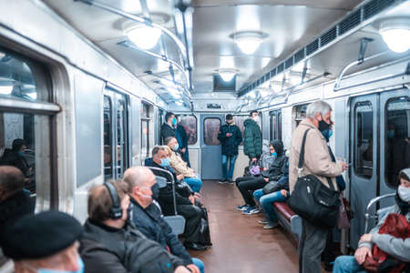 UKRAINE, KIEV - MAY 26, 2020: subway station Zoloty Vorota (Golden Gate). People in a subway carのeditorial素材