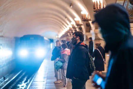 UKRAINE, KIEV - MAY 26, 2020: subway station Zoloty Vorota (Golden Gate). People wait at a subway station in Kiev.のeditorial素材