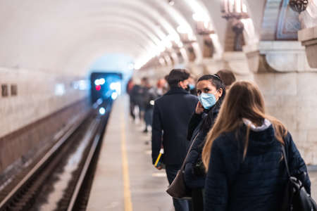 UKRAINE, KIEV - MAY 26, 2020: subway station Zoloty Vorota (Golden Gate). People wait at a subway station in Kiev.のeditorial素材