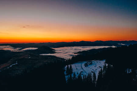 Morning in the mountains. Carpathian Ukraine, Aerial view.の写真素材