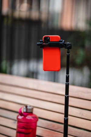 Smartphone on a selfie stick.の写真素材