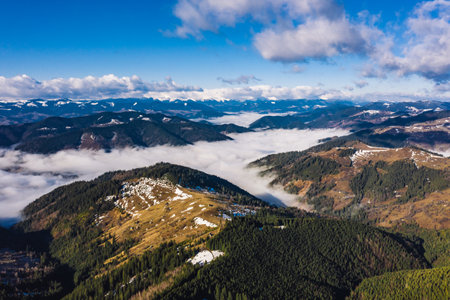 Morning in the mountains. Carpathian Ukraine, Aerial view.の写真素材