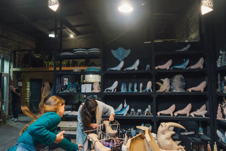 People carefully work on clay whales in workshop